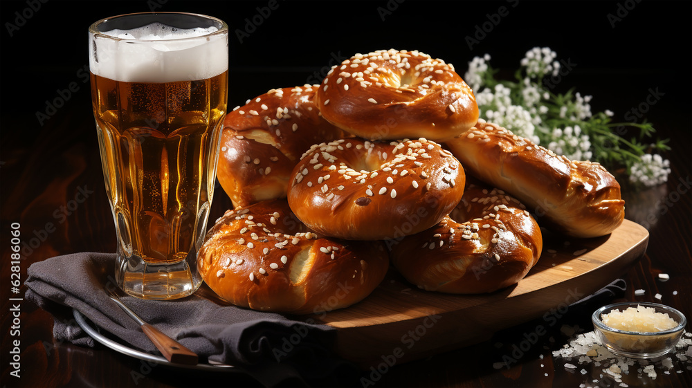 Craft beer and freshly baked rolls and pies on the table at the deluxe restaurant, beer festival, oktoberfest, generative AI Craft beer and freshly baked rolls and pies on the table at the deluxe restaurant, beer festival, oktoberfest, generative AI