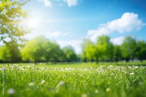 Beautiful blurred background image of spring nature with a neatly trimmed lawn surrounded by trees against a blue sky