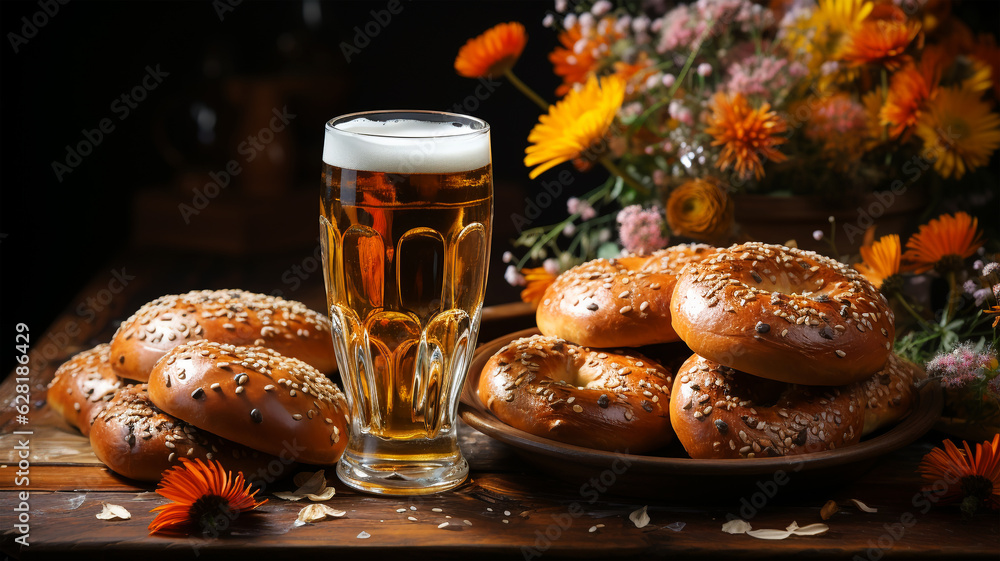 Craft beer and freshly baked rolls and pies on the table at the deluxe restaurant, beer festival, oktoberfest, generative AI Craft beer and freshly baked rolls and pies on the table at the deluxe restaurant, beer festival, oktoberfest, generative AI