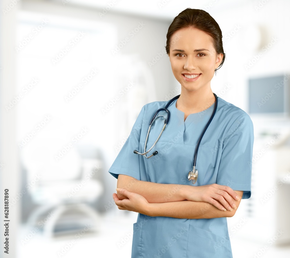 Doctor woman posing in hospital, medicine concept, AI generated image Doctor woman posing in hospital, medicine concept, AI generated image