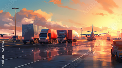 Illustrate a convoy of cargo trucks arriving at the airport, ready to deliver goods for air transportation to international destinations Generative AI