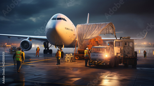 Illustrate the precision of cargo handling at a cargo airport, with ground crew carefully securing oversized cargo onto a freighter aircraft Generative AI