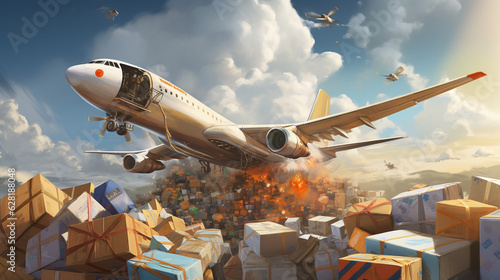 Capture the energy of cargo planes being loaded with packages, mail, and parcels, ready to deliver to destinations across the world Generative AI