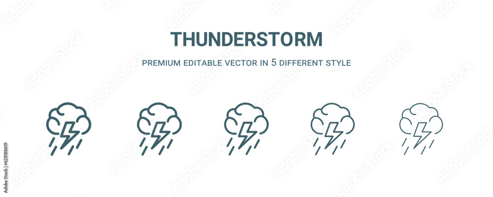thunderstorm icon in 5 different style. Thin, light, regular, bold, black thunderstorm icon isolated on white background. thunderstorm icon in 5 different style. Thin, light, regular, bold, black thunderstorm icon isolated on white background.