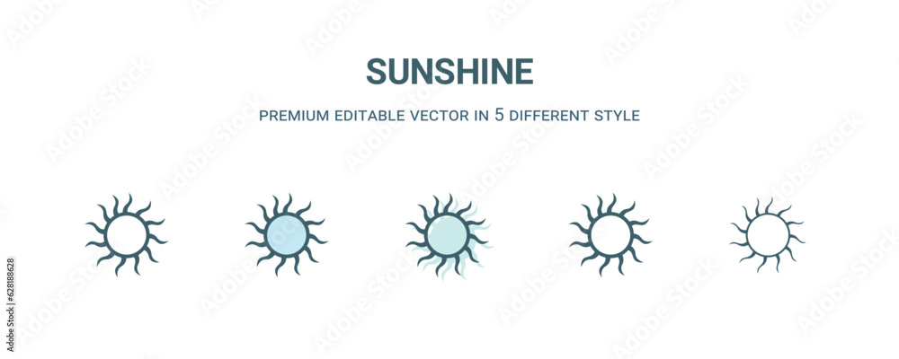 sunshine icon in 5 different style. Outline, filled, two color, thin sunshine icon isolated on white background. Editable vector can be used web and mobile sunshine icon in 5 different style. Outline, filled, two color, thin sunshine icon isolated on white background. Editable vector can be used web and mobile