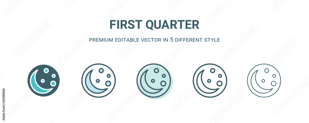 first quarter icon in 5 different style. Outline, filled, two color, thin first quarter icon isolated on white background. Editable vector can be used web and mobile first quarter icon in 5 different style. Outline, filled, two color, thin first quarter icon isolated on white background. Editable vector can be used web and mobile