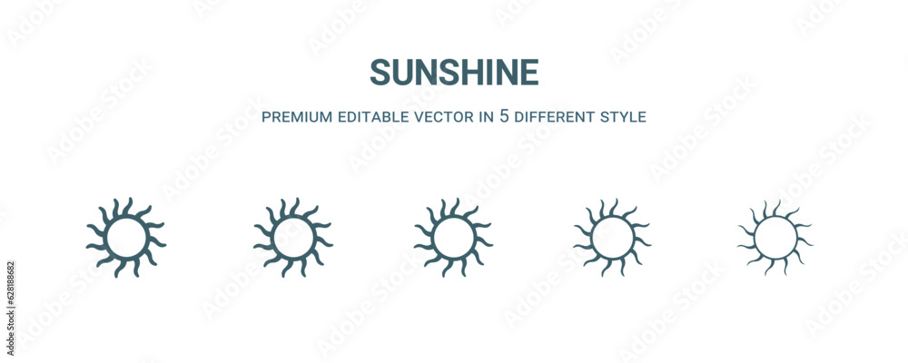 sunshine icon in 5 different style. Thin, light, regular, bold, black sunshine icon isolated on white background. sunshine icon in 5 different style. Thin, light, regular, bold, black sunshine icon isolated on white background.