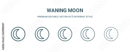 waning moon icon in 5 different style. Thin, light, regular, bold, black waning moon icon isolated on white background.