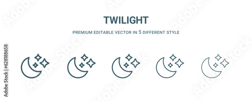 twilight icon in 5 different style. Thin, light, regular, bold, black twilight icon isolated on white background.
