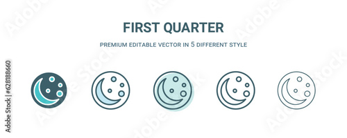 first quarter icon in 5 different style. Outline, filled, two color, thin first quarter icon isolated on white background. Editable vector can be used web and mobile