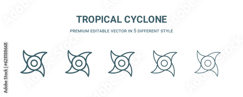tropical cyclone icon in 5 different style. Thin, light, regular, bold, black tropical cyclone icon isolated on white background.