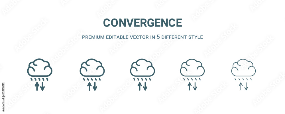 convergence icon in 5 different style. Thin, light, regular, bold, black convergence icon isolated on white background.
