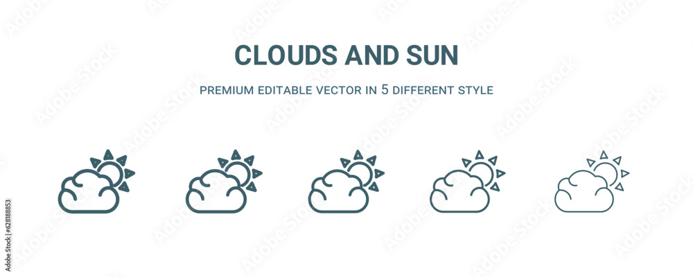 clouds and sun icon in 5 different style. Thin, light, regular, bold, black clouds and sun icon isolated on white background. clouds and sun icon in 5 different style. Thin, light, regular, bold, black clouds and sun icon isolated on white background.