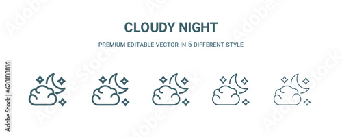 cloudy night icon in 5 different style. Thin, light, regular, bold, black cloudy night icon isolated on white background.