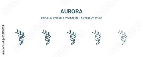 aurora icon in 5 different style. Thin, light, regular, bold, black aurora icon isolated on white background.