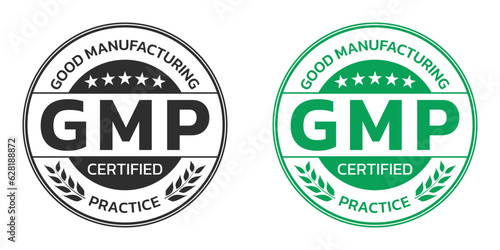 GMP certified icon or label. Good Manufacturing Practice logo, stamp or seal. High quality symbol. Vector illustration.