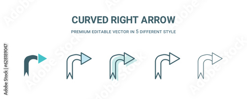 curved right arrow icon in 5 different style. Outline  filled  two color  thin curved right arrow icon isolated on white background. Editable vector can be used web and mobile