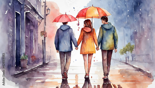 a person walking in the city, Friends Forever, Watercolor Trio Ventures into the Rainy Season for Friendship Day