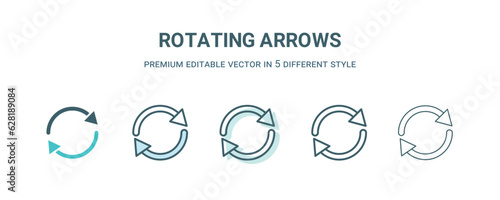 rotating arrows icon in 5 different style. Outline, filled, two color, thin rotating arrows icon isolated on white background. Editable vector can be used web and mobile
