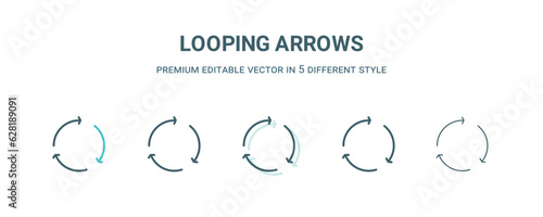 looping arrows icon in 5 different style. Outline, filled, two color, thin looping arrows icon isolated on white background. Editable vector can be used web and mobile