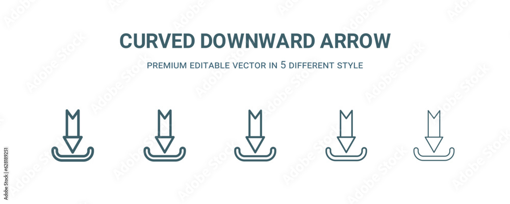 curved downward arrow icon in 5 different style. Thin, light, regular, bold, black curved downward arrow icon isolated on white background. curved downward arrow icon in 5 different style. Thin, light, regular, bold, black curved downward arrow icon isolated on white background.