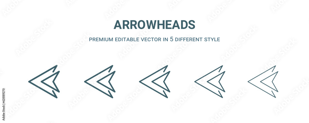 arrowheads icon in 5 different style. Thin, light, regular, bold, black arrowheads icon isolated on white background. arrowheads icon in 5 different style. Thin, light, regular, bold, black arrowheads icon isolated on white background.