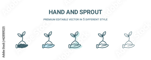 hand and sprout icon in 5 different style. Outline, filled, two color, thin hand and sprout icon isolated on white background. Editable vector can be used web and mobile