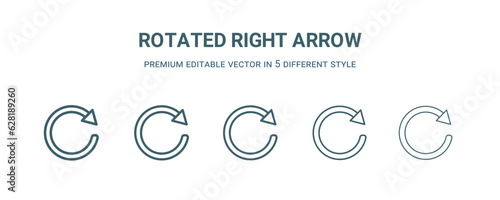 rotated right arrow icon in 5 different style. Thin, light, regular, bold, black rotated right arrow icon isolated on white background.