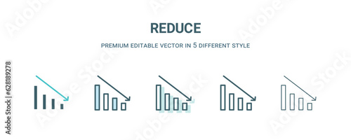 reduce icon in 5 different style. Outline, filled, two color, thin reduce icon isolated on white background. Editable vector can be used web and mobile