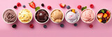 Ice Cream, Set of bowls with various colorful Ice Cream scoops with different flavors and fresh ingredients on pink background. Generative Ai