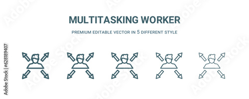 multitasking worker icon in 5 different style. Thin, light, regular, bold, black multitasking worker icon isolated on white background.