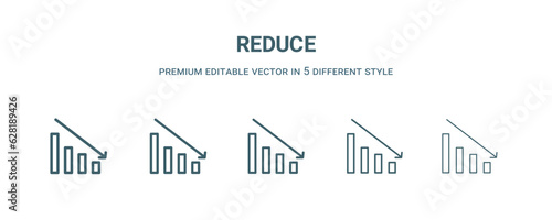 reduce icon in 5 different style. Thin, light, regular, bold, black reduce icon isolated on white background.