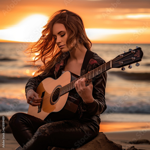 young girl playing guitar on sunset beach