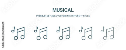 musical icon in 5 different style. Thin, light, regular, bold, black musical icon isolated on white background.