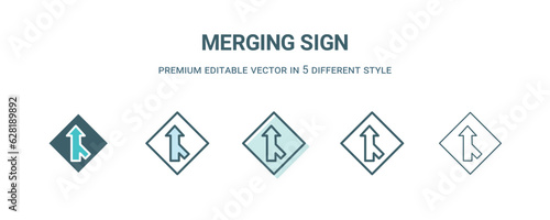 merging sign icon in 5 different style. Outline, filled, two color, thin merging sign icon isolated on white background. Editable vector can be used web and mobile