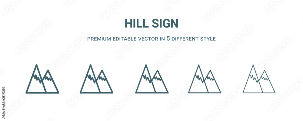 hill sign icon in 5 different style. Thin, light, regular, bold, black hill sign icon isolated on white background. hill sign icon in 5 different style. Thin, light, regular, bold, black hill sign icon isolated on white background.