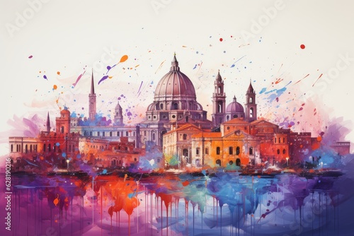 Watercolor Roman architecture and buildings. World Tourism Day. Generative AI