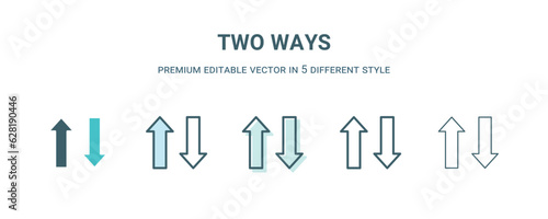 two ways icon in 5 different style. Outline, filled, two color, thin two ways icon isolated on white background. Editable vector can be used web and mobile