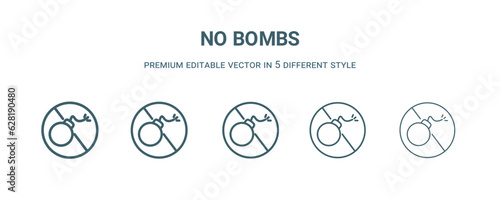 no bombs icon in 5 different style. Thin, light, regular, bold, black no bombs icon isolated on white background.