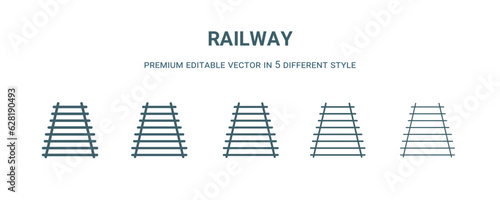 railway icon in 5 different style. Thin, light, regular, bold, black railway icon isolated on white background.
