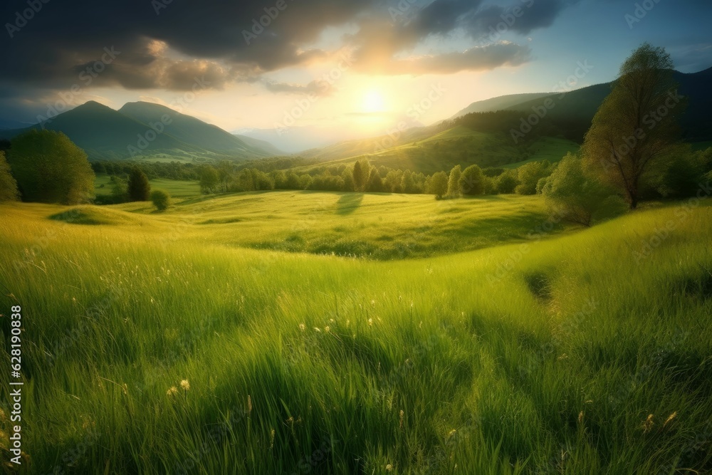 Obraz premium Beautiful landscape countryside with green meadow on the hill Created with Generative AI technology.