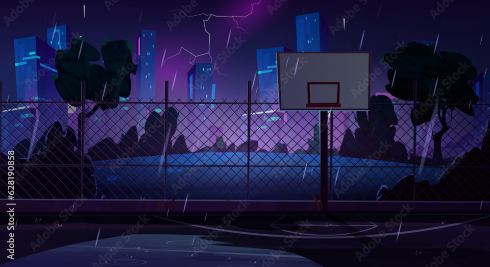Obraz premium Night basketball court in rainy weather. Vector cartoon illustration of water puddles on dark playground for outdoor sport activities, rainfall pouring, lightning in sky above big city buildings