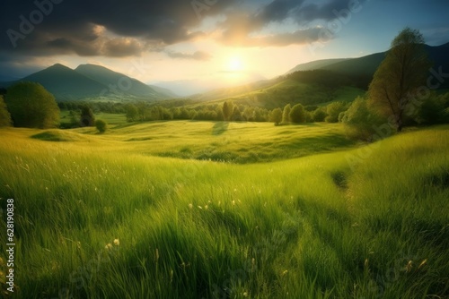 Beautiful landscape countryside with green meadow on the hill Created with Generative AI technology.