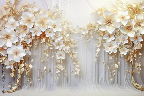 Luxury flowers mural, ornate backdrop for wedding photo album in pastel colors, beige tones, romantic wallpaper. Generative AI
