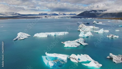 jokulsarlon iceberg glacial lagoon aerial view drone summer time sunny day iceland photo