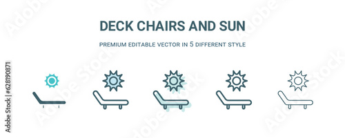 deck chairs and sun icon in 5 different style. Outline, filled, two color, thin deck chairs and sun icon isolated on white background. Editable vector can be used web and mobile