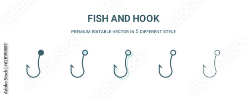 fish and hook icon in 5 different style. Outline, filled, two color, thin fish and hook icon isolated on white background. Editable vector can be used web and mobile photo
