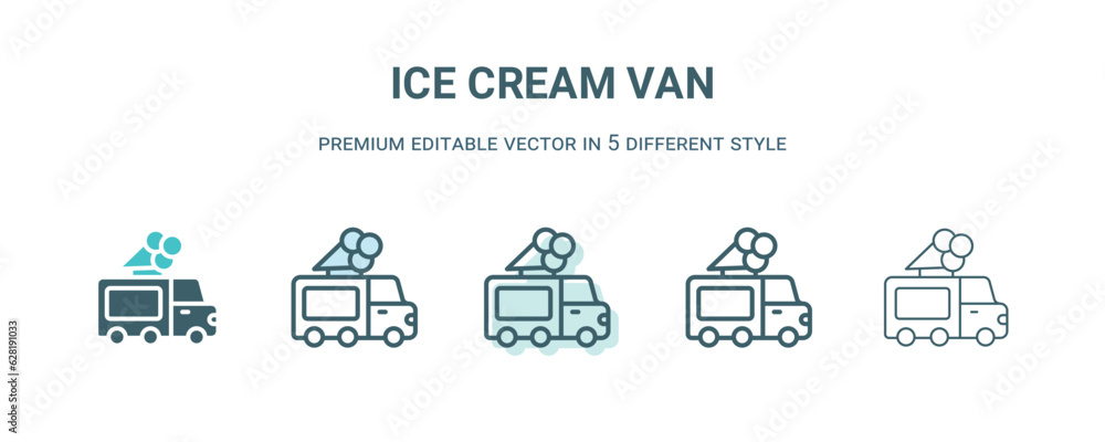 ice cream van icon in 5 different style. Outline, filled, two color, thin ice cream van icon isolated on white background. Editable vector can be used web and mobile