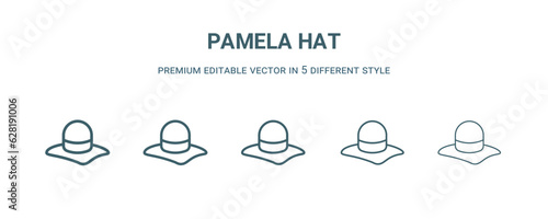 pamela hat icon in 5 different style. Thin, light, regular, bold, black pamela hat icon isolated on white background.
