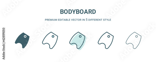 bodyboard icon in 5 different style. Outline, filled, two color, thin bodyboard icon isolated on white background. Editable vector can be used web and mobile